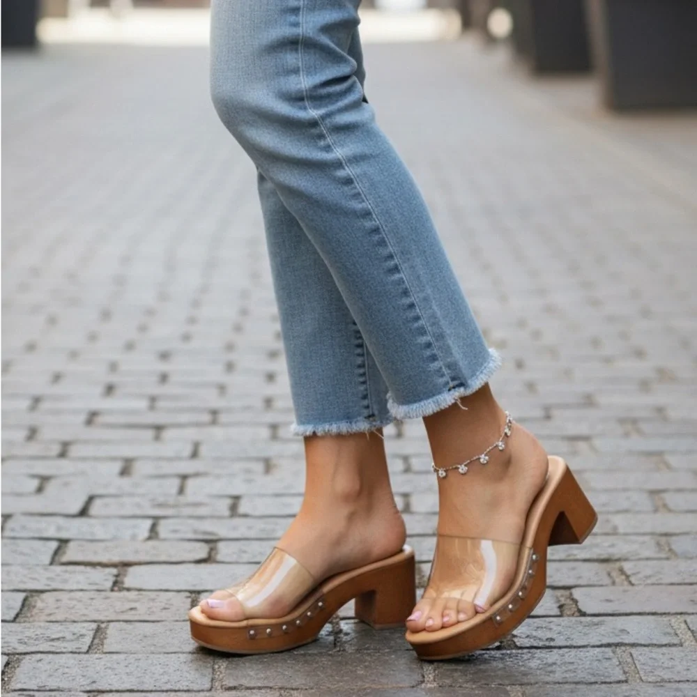 Clear Strap Studded Mule Platform Block Heel Sandals - Picture 3 of 3